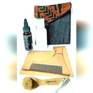 Men 5PC Grooming Gift Set! Beard Comb Brush Oil Shampoo Denim Bogolan Fini Pouch